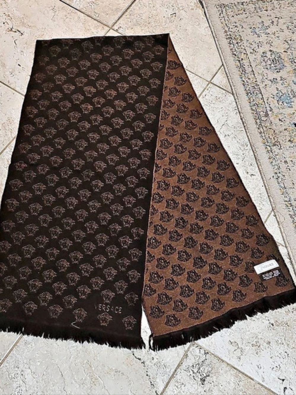 Versace Reversible Medusa Logo Wool Knit Fringe Scarf Brown/Black 64".